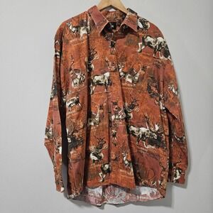 RedHead Wildlife Print‎ Button Down Shirt XL Orange Moose Elk Deer Cotton Mens